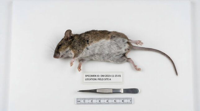 Scientific study specimen of a dead mouse on a laboratory table.