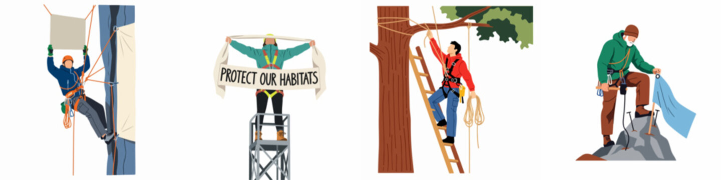 Set of illustrations depicting environmental activists and climbers advocating for nature conservation, including protests, tree climbing, and mountain exploration.