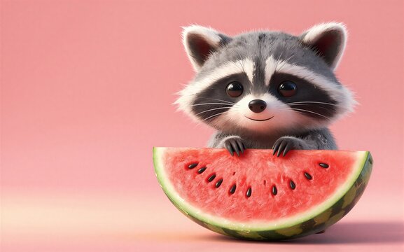 Adorable raccoon holds watermelon slice against pink background.