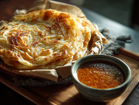 Roti canai with curry sauce on wooden tray