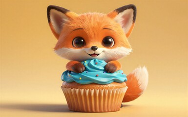 Obraz premium Adorable fox peeking out of a blue-frosted cupcake with colorful