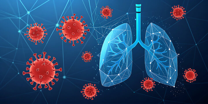 Abstract blue human lungs wih red viruses outside Respiratory and viral lung diseases, healthcare protection medical concept Low poly futuristic technology style Geometric wireframe background Vector.