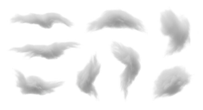 cloud formation illustrations floating on a clean white background creating whimsical skies for various creative projects