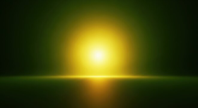 The sun rises over a dark landscape with a bright yellow glow.