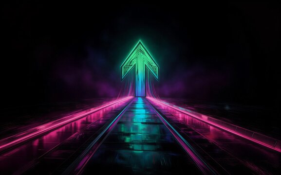 Neon arrow glows brightly guiding light trails through a dark
