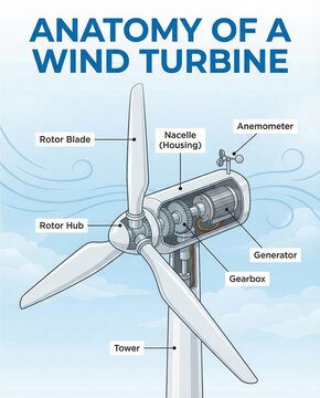 Cross section diagram of a wind turbine showing internal components and anatomy