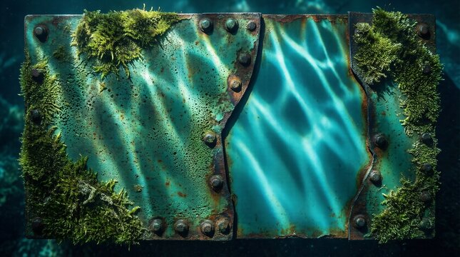 Underwater industrial metal plate with verdigris patina and moss