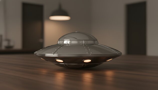 Classic flying saucer toy sitting on a wooden surface in a modern home interior, creating a mysterious extraterrestrial atmosphere for world ufo day concept and sci-fi theme