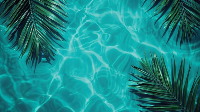 Cool Turquoise Oasis: Sun-dappled turquoise water glistens under the tropical sun, framed by elegant palm fronds, creating a serene and inviting summer scene.