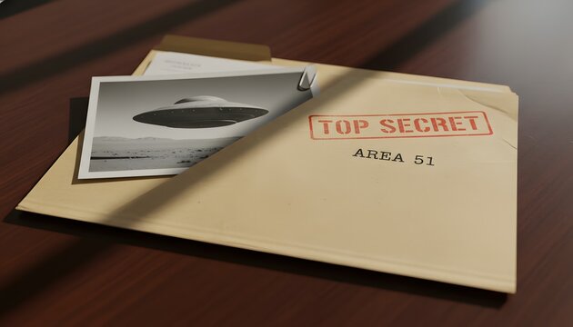 Government top secret file folder marked Area 51 with a UFO photograph on a desk for World UFO Day concept, mystery investigation into alien life
