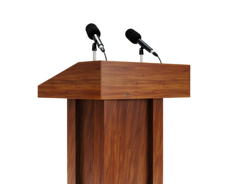 Isolated elegant wooden podium with two microphones ready for a public speech or conference