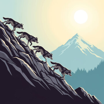 Vector illustration of a pack of four wolves running down a steep rocky mountainside under a bright sun with a large snow-capped peak and pine forest in the background.