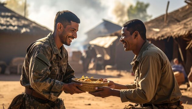 Soldier shares food with civilian in act of kindness
