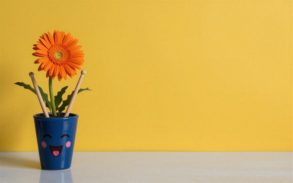 Orange flower in smiling blue pot with drumsticks vibrant yellow