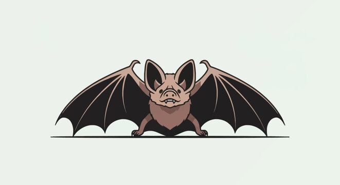 Vector illustration of a brown and black bat with outstretched wings standing on a flat surface, featuring large pointed ears, a small snout with fangs, and a furry chest.