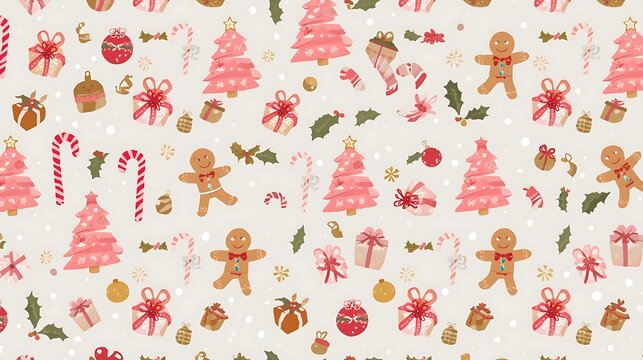 Festive Pink Christmas Seamless Pattern: Gifts, Gingerbread & Holly