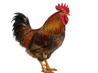 Fototapeta premium Isolated beautiful colorful rooster standing in profile view with vibrant plumage and red comb