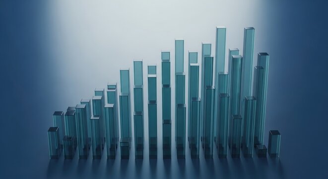 A futuristic cityscape graph rises in a dark blue room with blue bars.