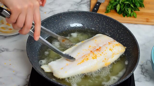 Fish being cooked in a pan ideal for restaurant branding and gastronomy vlogs