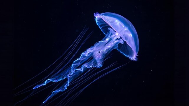 Bioluminescent jellyfish swimming slowly in dark water, slow motion, with copy space, marine life, nature.