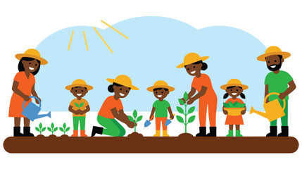 Fototapeta premium Family gardening together planting seedlings in outdoor garden vector.