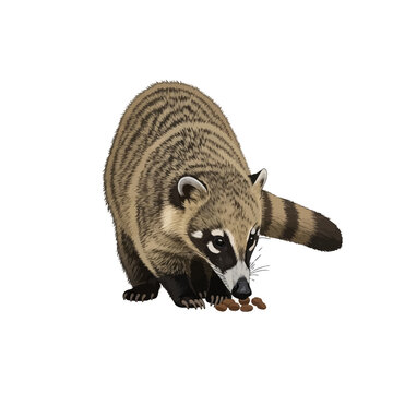Detailed vector illustration of a South American coati sniffing food pellets on a white background, featuring realistic brown fur, a long ringed tail, and facial markings.