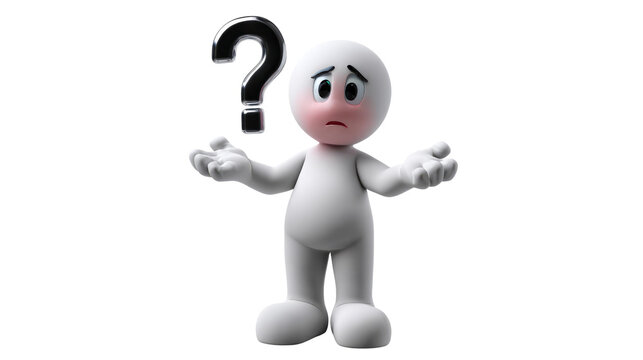 Confused Character with Question Mark: A small, 3D white character shrugs with a perplexed expression under a large black question mark, symbolizing confusion and uncertainty.