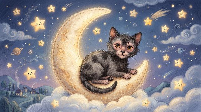 Lykoi Kitten Sitting on Crescent Moon in Starry Night Sky