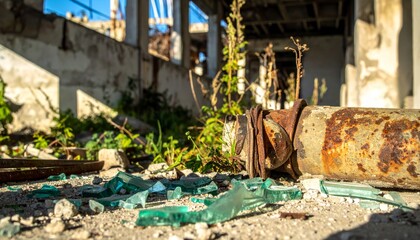 Fototapeta premium Rusty pipes and broken glass in an abandoned building