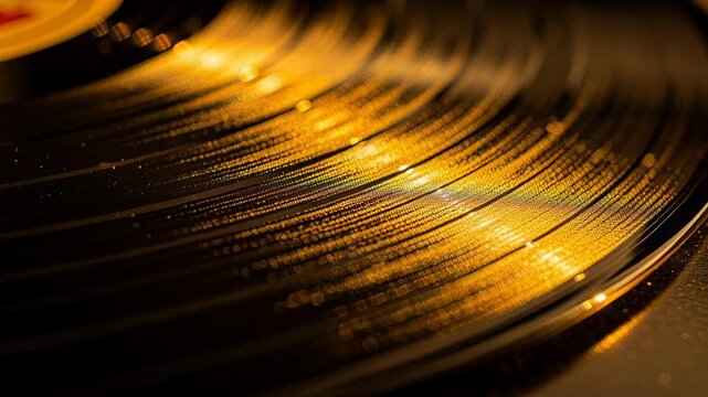 Extreme Macro Vinyl Record Grooves with Golden Hour Light and Analog Music Texture