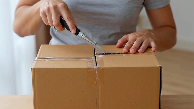 Person cutting open cardboard box symbolizing trust, reliability, and premium quality