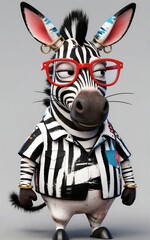 Obraz premium A stylish zebra in red glasses and a striped jacket accessorized with