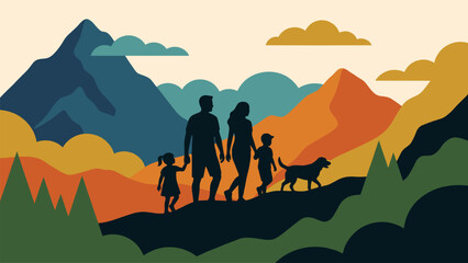 Flat vector illustration of parents and children with a dog trekking outdoors. Perfect for travel, active lifestyle, and adventure themes. © yossi