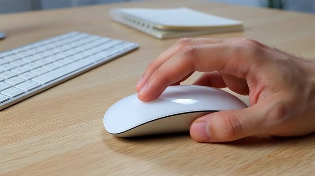 Hand using computer mouse on wooden desk for high-tech product launches and digital media