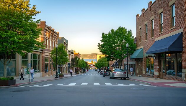 Charming Small Town Main Street at Sunset.