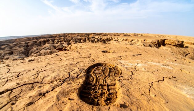 Sole Imprint in Cracked Dry Earth Landscape