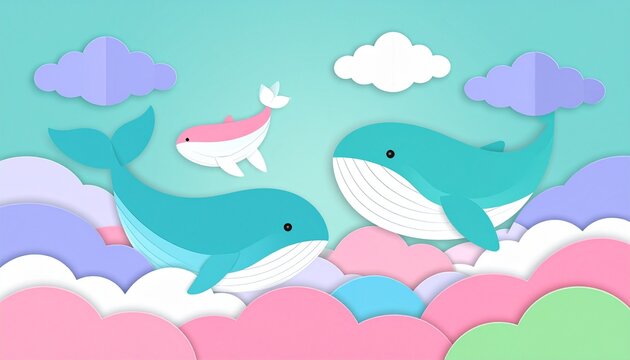 Origami whales swimming among colorful clouds in fantasy illustration