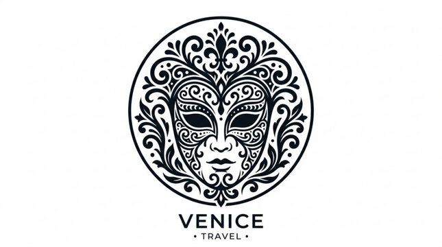 Venetian mask emblem with floral design and venice travel logo on white background