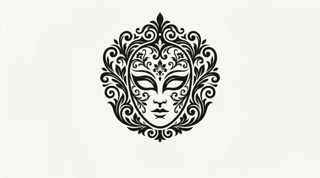 Venetian mask emblem with floral design on white background black and white illustration