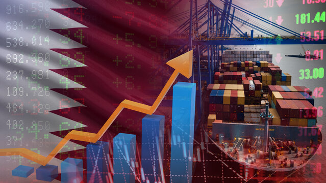The growth of Qatar maritime logistics and trade, illustrated by the Qatari flag, cargo ships, port cranes, and soaring financial charts. A boom in the maritime import and export sector