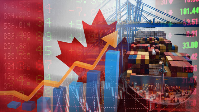 The growth of Canada maritime logistics and trade, illustrated by the Canadian flag, cargo ships, port cranes, and soaring financial charts. A boom in the maritime import and export sector.