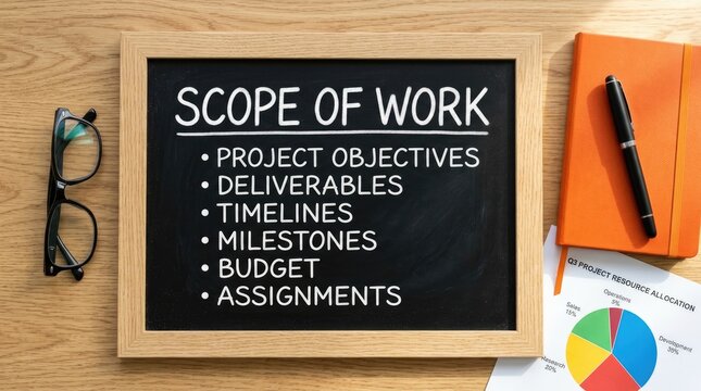 Blackboard displaying a detailed scope of work list with project objectives deliverables timelines milestones budget and assignments for professional planning
