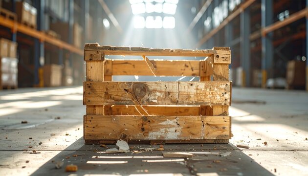 Damaged Wooden Crate in Sunlit Warehouse