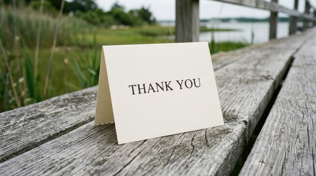 White folded paper card with the text thank you printed on it sitting on a weathered wooden boardwalk railing outdoors