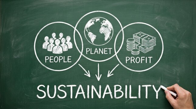 Hand drawn chalk diagram illustrating the triple bottom line concept of sustainability with people planet and profit circles on board
