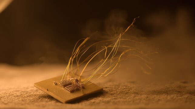 Close up of a computer chip with wires and an artistic aesthetic