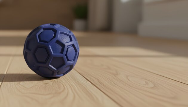Blue rubber chew toy ball resting on a light wooden floor in a sunny home interior for pet wellness and animal play concept with natural lighting and depth of field