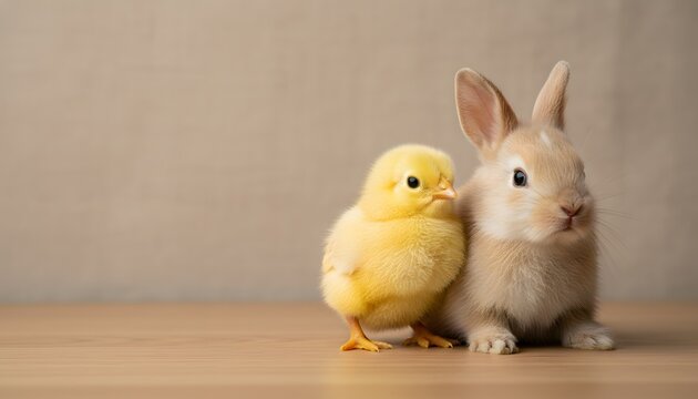 Little fluffy yellow chick and rabbit sitting together on a wooden surface representing animals in harmony for a spring and Easter celebration concept with soft lighting
