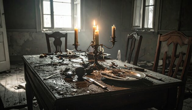 Abandoned Table Setting with Tarnished Silverware and Flickering Candles