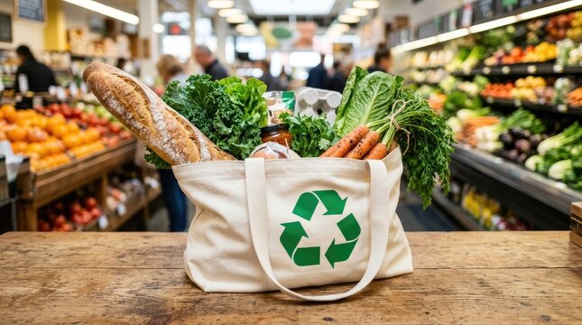 Reusable canvas bag filled with fresh organic vegetables and crusty bread sitting on a wooden table in a grocery store